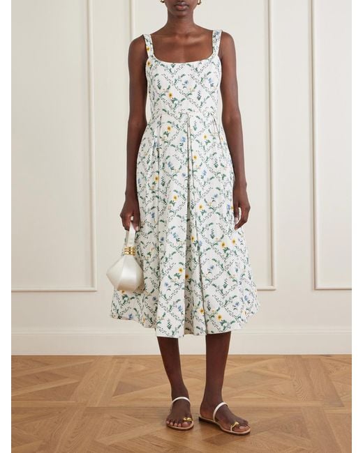 Agua Bendita White Alcaparra Brisa Floral-Print Embelished Cotton Midi Dress