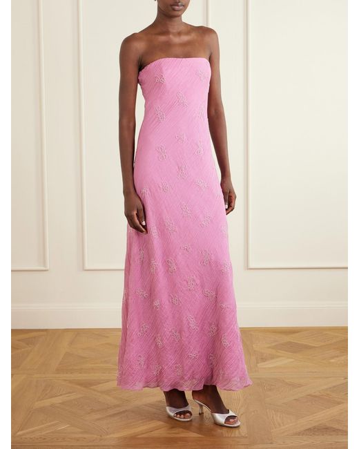 Staud Pink Cassie Strapless Bead-Embellished Crinkled Modal-Blend Organza Maxi Dress