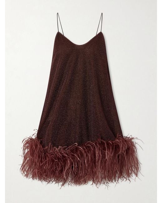 Oseree Red Lumière Feather-Trimmed Stretch Metallic Mini Dress