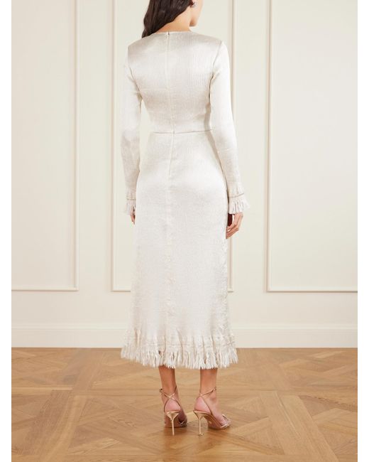 FFORME White Mina Frayed Textured Silk-Blend Satin Midi Dress