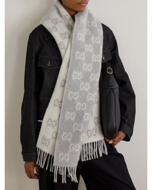 Gucci Gray Fringed Jacquard-Knit Scarf