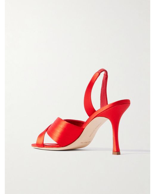 Manolo Blahnik Red Vierasan 90 Pintucked Satin Slingback Sandals