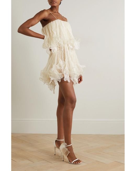 Danielle Frankel Natural Wendell Tiered Ruffled Lace And Tulle Mini Dress