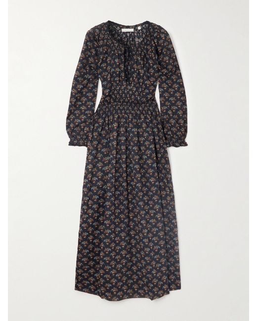 Doen Black Delfina Shirred Floral-Print Organic Cotton-Voile Midi Dress