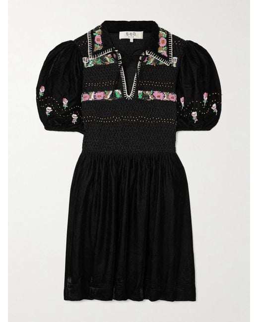 Sea Black Brynn Minikleid Aus Samt Mit Smokarbeit Und Verzierungen