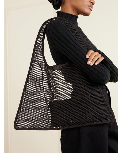 Alaïa Gray One Piece Suede-Trimmed Mesh Shoulder Bag