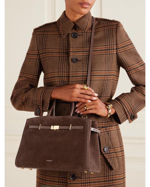 DeMellier London Brown The Hudson Midi Leather-Trimmed Suede Tote