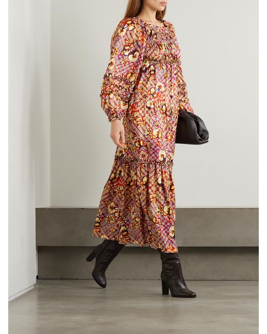 Ulla Johnson Red Anastasia Lace-Up Printed Silk-Habotai Midi Dress