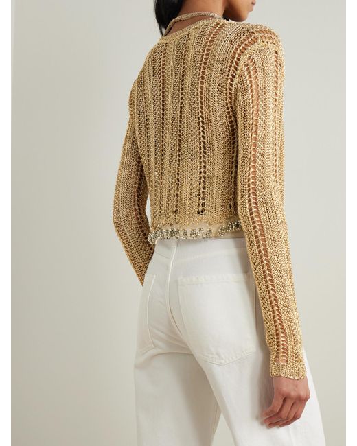 Rabanne Natural Bead-Embellished Metallic Open-Knit Cardigan