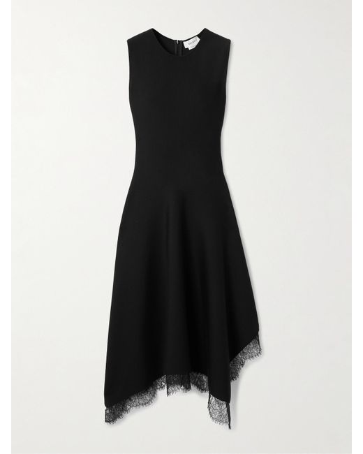 Alexander McQueen Black Asymmetric Lace-Trimmed Woven Midi Dress