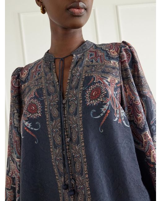 Sea Blue Hyacinth Tie-Detailed Printed Chiffon Blouse