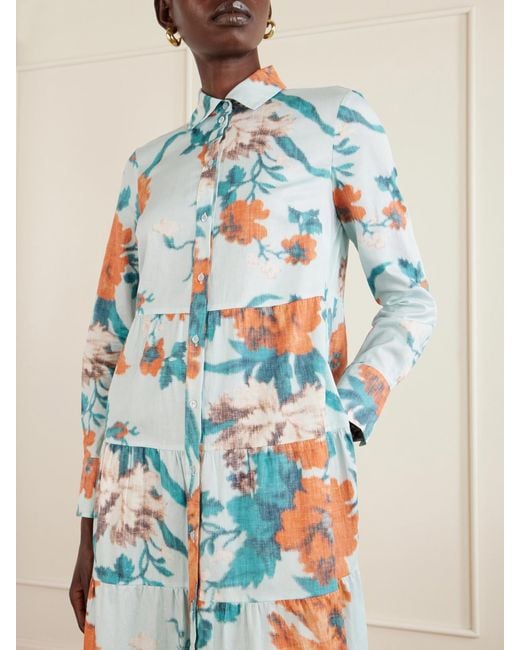 Erdem Blue Tiered Floral-Print Cotton Midi Dress
