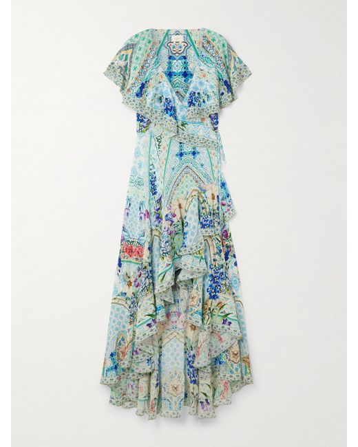 Camilla Blue Asymmetric Crystal-Embellished Ruffled Silk Maxi Wrap Dress