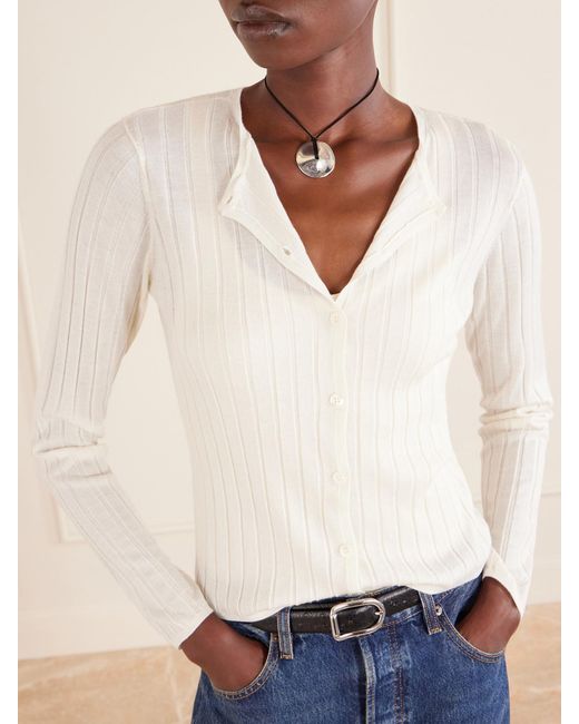 FRAME White Ribbed Cashmere And Silk-Blend Cardigan