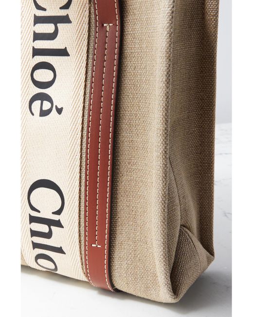 Chloé Natural Net Sustain Woody Small Embroidered Leather-Trimmed Linen Tote