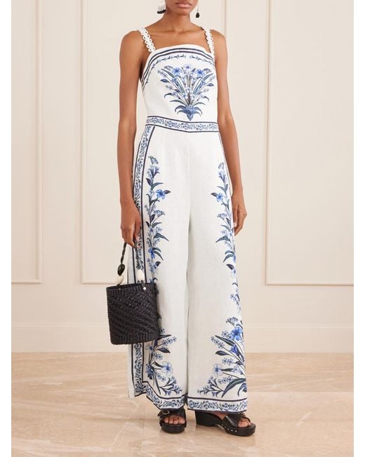 Farm Rio Blue Flowers Arch Printed Linen Jumpsuit