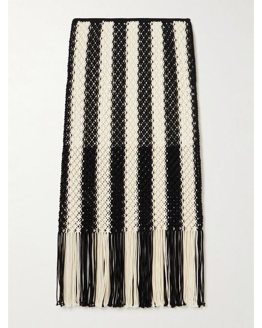 Zimmermann Black Wanderlust Fringed Striped Macramé Cotton Maxi Skirt