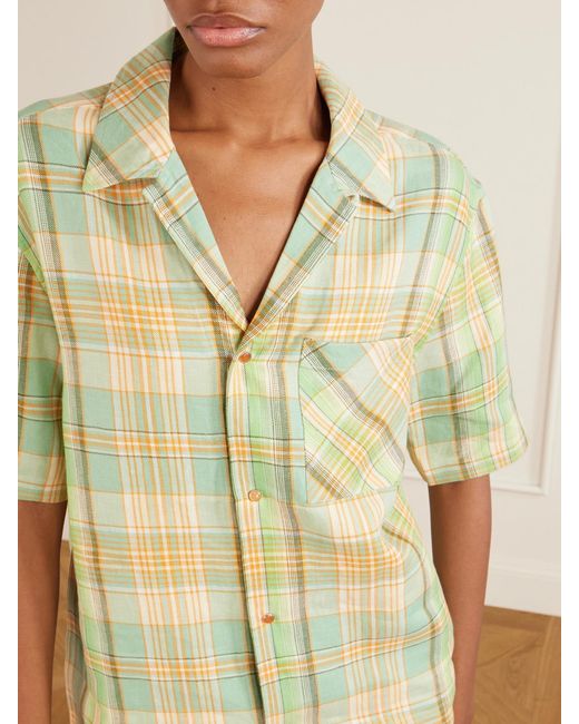 God's True Cashmere Metallic Lime Moss Checked Linen Shirt