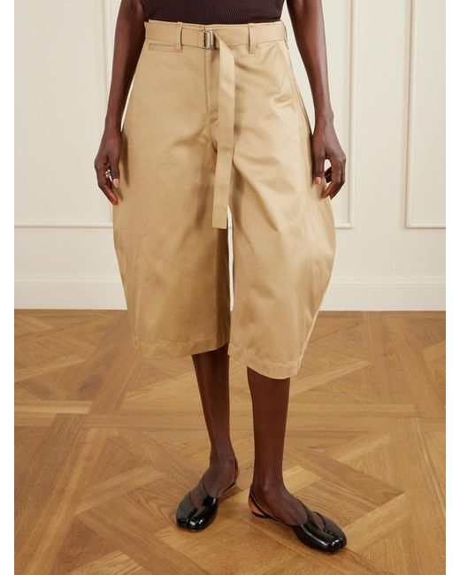 Sacai Natural Cropped Belted Cotton-Twill Barrel-Leg Pants