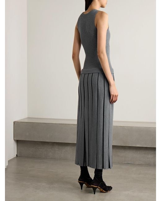 Khaite Gray Cassette Pleated Ribbed Wool-Blend Midi Dress