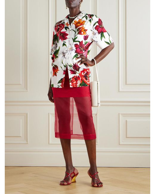 Dolce & Gabbana Red Floral-Print Silk-Blend Shirt