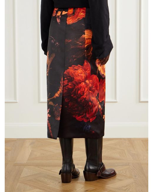 Dries Van Noten Orange Floral-Print Satin-Duchesse Midi Skirt