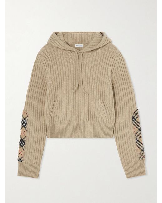 Burberry Natural Checked Bouclé-Trimmed Ribbed Wool And Cashmere-Blend Hoodie