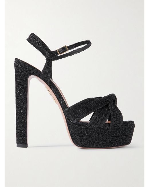 Aquazzura Black Nina Plateau 130 Knotted Metallic Woven Platform Sandals