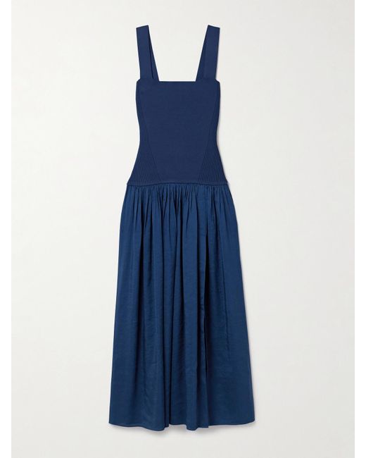 La Ligne Blue Stretch-Knit And Gathered Linen-Blend Midi Dress