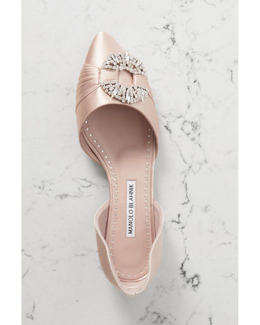 Manolo Blahnik Natural Luanda Crystal-Embellished Satin Point-Toe Flats