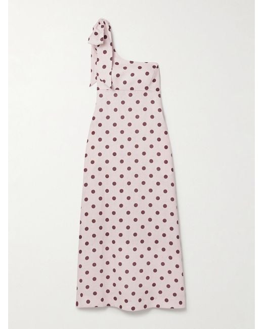 Zimmermann White Acacia One-Shoulder Bow-Embellished Polka-Dot Linen Midi Dress