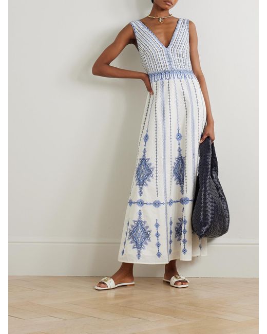 Emporio Sirenuse Blue Nellie Embroidered Linen And Cotton-Blend Maxi Dress