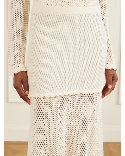 Escvdo White Mural Crocheted Cotton Midi Skirt