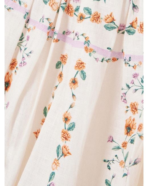 Agua Bendita Natural Barbara Midikleid Aus Leinen Mit Blumenprint, Zierperlen Und Falten