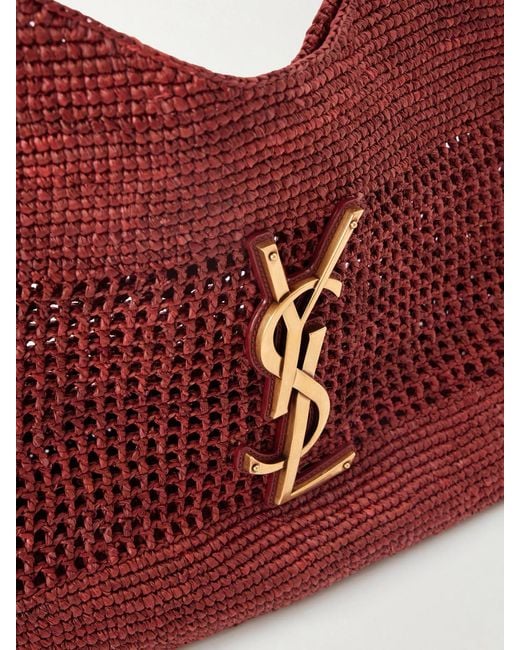 Saint Laurent Red Icare Maxi Leather-Trimmed Raffia Tote
