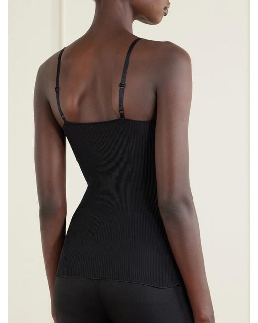 Saint Laurent Black Lace-Trimmed Ribbed Silk Tank