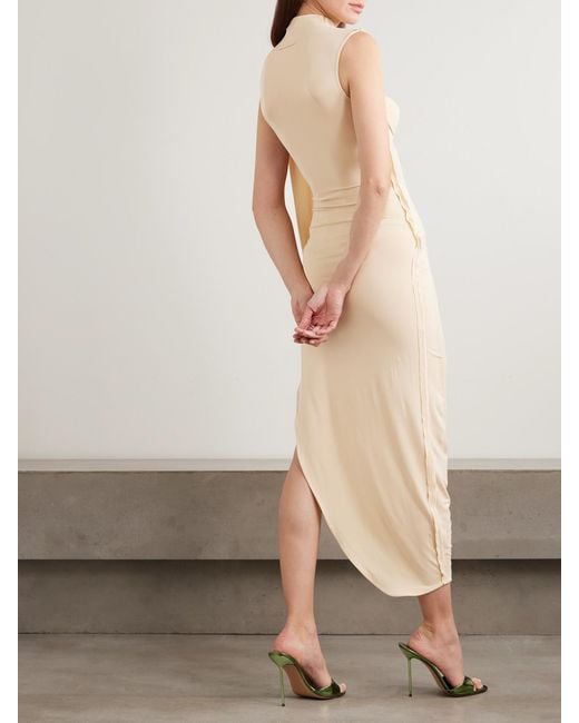 Jean Paul Gaultier Natural Asymmetric Draped Appliquéd Mesh And Stretch-Jersey Dress