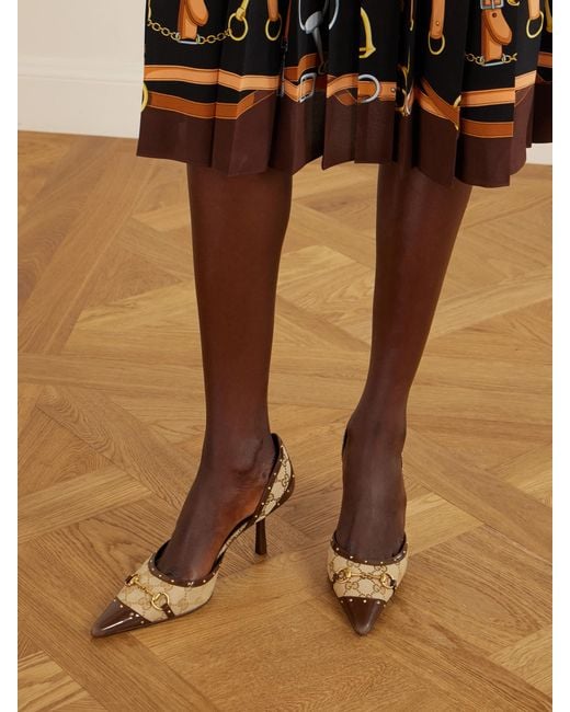 Gucci Natural Savoy Horsebit-Embellished Leather-Trimmed Canvas-Jacquard Pumps