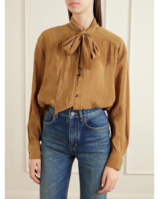 Saint Laurent Brown Pussy-Bow Crinkled Taffeta Shirt