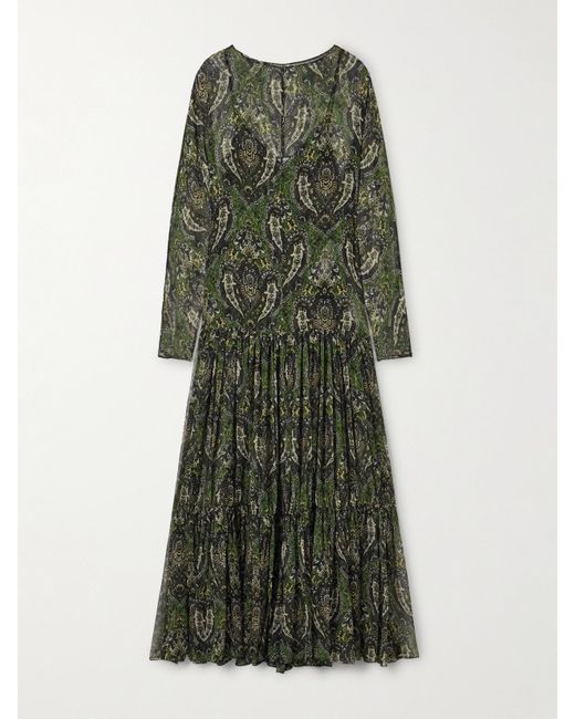 Robe Longue En Crépon De Soie Métallisé Imprimé À Col Noué Et À Smocks Saint Laurent en coloris Green