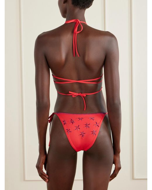 Staud Red Lido Bead-Embellished Triangle Bikini Top
