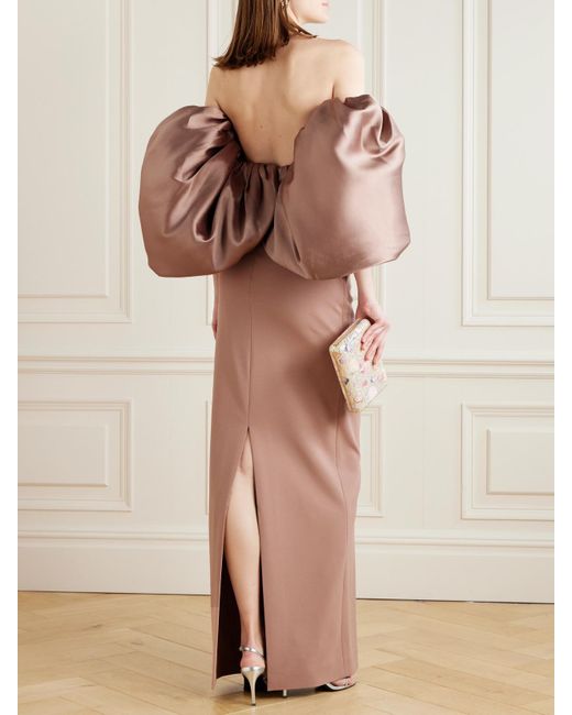 Solace London Pink Floris Off-The-Shoulder Satin-Twill And Crepe Gown