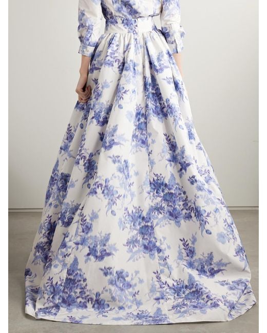 Carolina Herrera Blue Pleated Floral-Print Taffeta Maxi Skirt