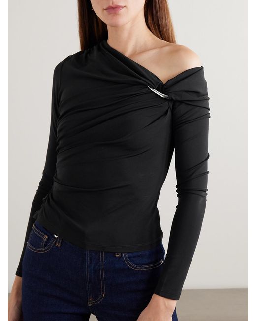 Veronica Beard Black Lozea Asymmetric Embellished Stretch-Mesh Top