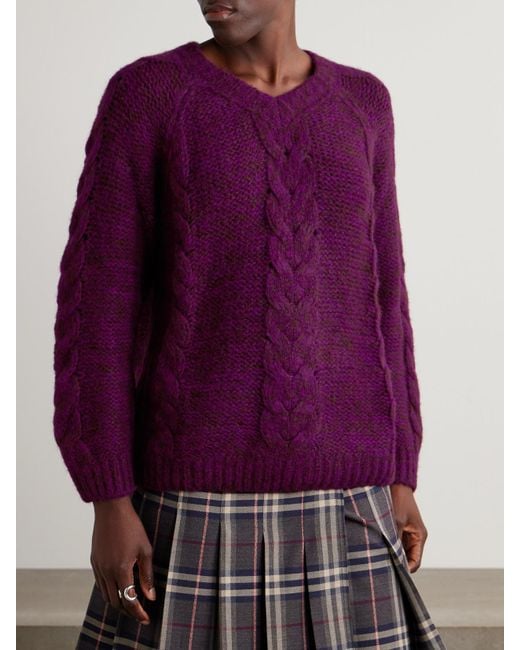 Bode Purple Eiderdown Cable-Knit Alpaca, Mohair And Silk-Blend Sweater
