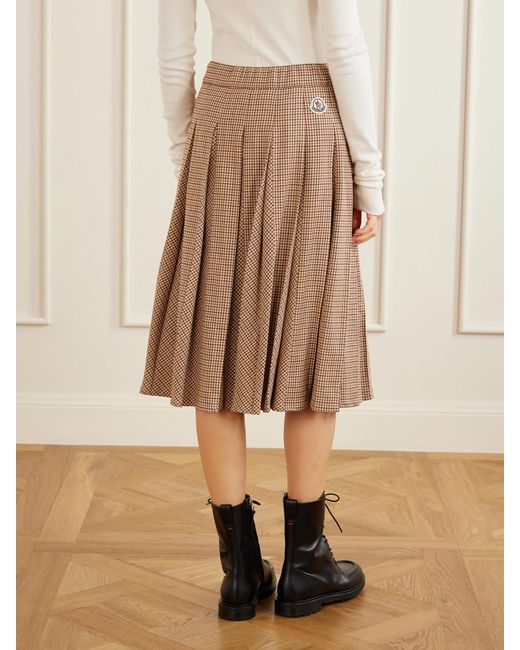 Moncler Natural Pleated Checked Wool-Blend Midi Skirt