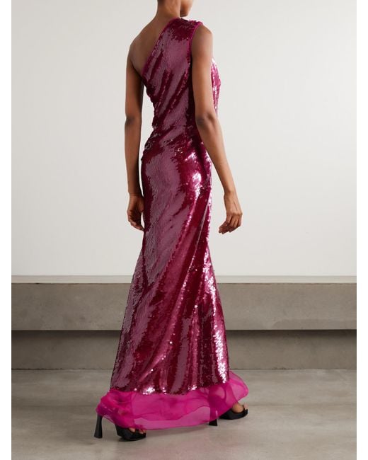 Stella McCartney Purple One-Shoulder Chiffon-Trimmed Sequined Tulle Gown