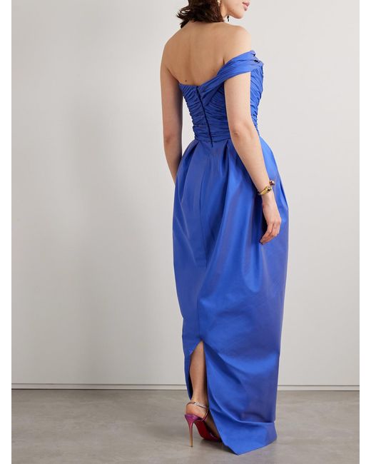 Marmar Halim Blue One-Shoulder Gathered Plissé-Taffeta Gown