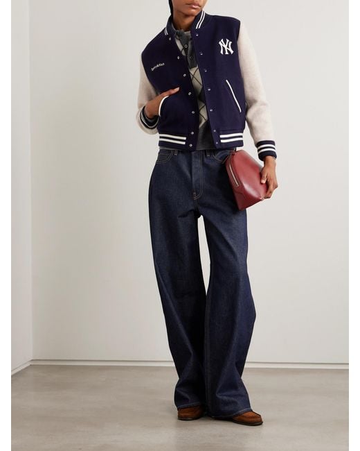 Sporty & Rich Blue '47 And New York Yankees Leather-Trimmed Embroidered Wool-Felt Bomber Jacket