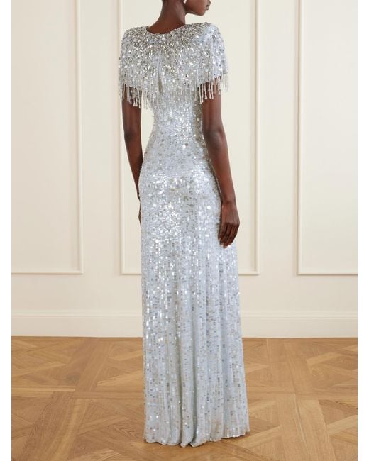 Jenny Packham White Eugene Crystal-Embellished Sequined Chiffon Gown